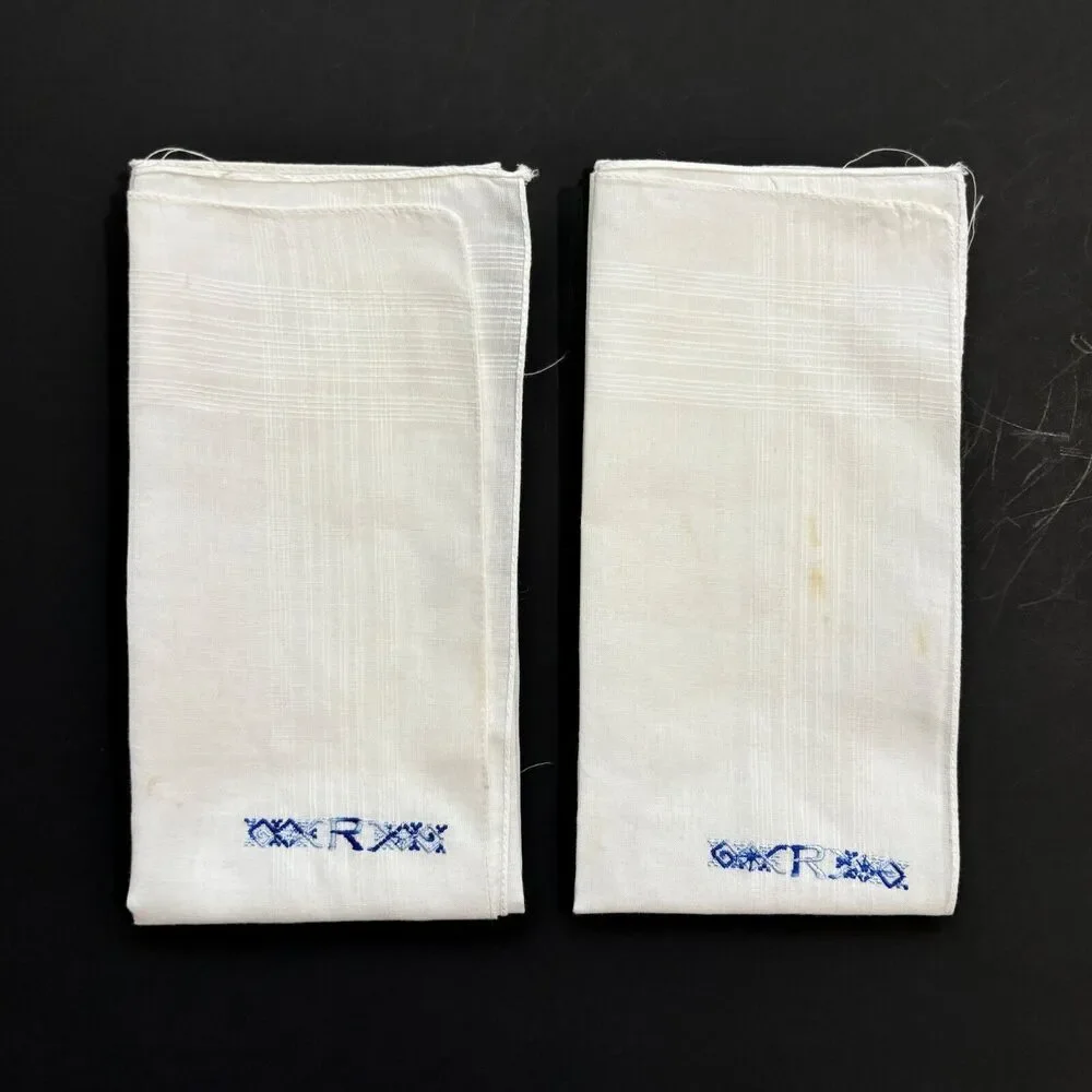 Embroidered Initial R Mens Handkerchiefs Monogram Set 2 Vintage Formal Business